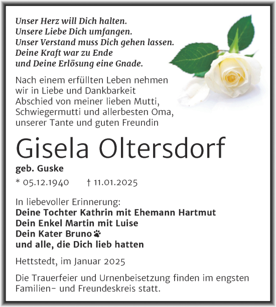 Traueranzeige von Gisela Oltersdorf von Trauerkombi Mansfelder Land