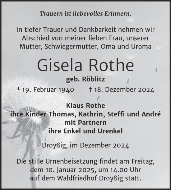 Traueranzeige von Gisela Rothe von Trauerkombi Zeitz