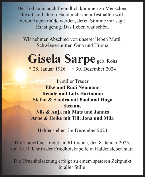 Traueranzeige von Gisela Sarpe von Volksstimme Haldensleben/Wolmirstedt