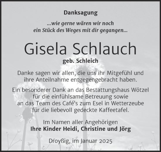 Traueranzeige von Gisela Schlauch von Trauerkombi Zeitz
