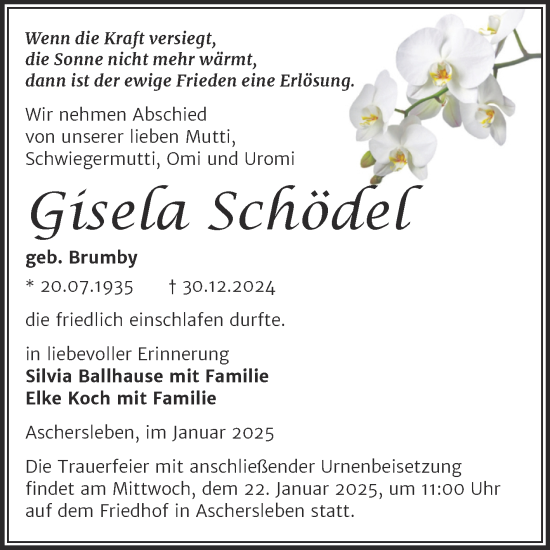 Traueranzeige von Gisela Schödel von Trauerkombi Aschersleben