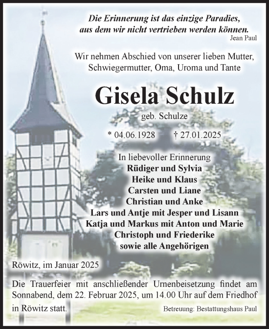 Traueranzeige von Gisela Schulz von Volksstimme Altmark West