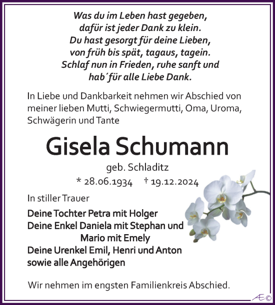 Traueranzeige von Gisela Schumann von Trauerkombi Weißenfels