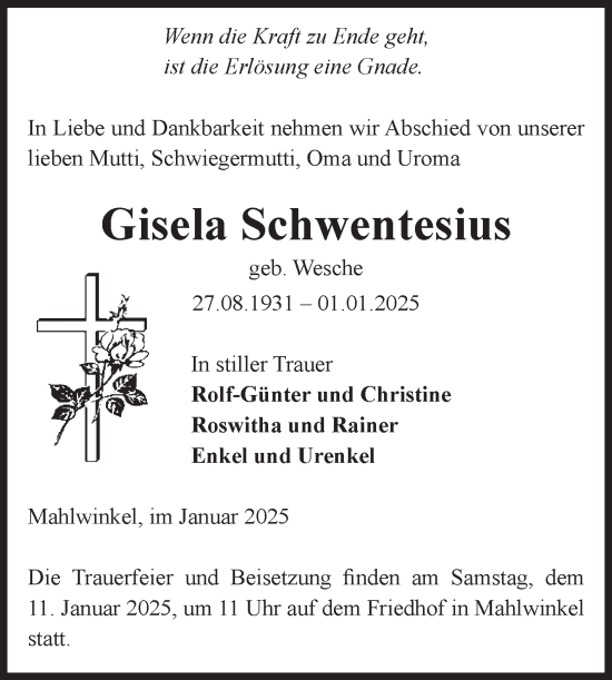 Traueranzeige von Gisela Schwentesius von Volksstimme Altmark Ost