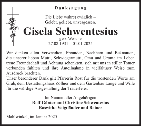 Traueranzeige von Gisela Schwentesius von Volksstimme Altmark Ost