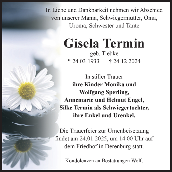 Traueranzeige von Gisela Termin von Volksstimme Wernigerode
