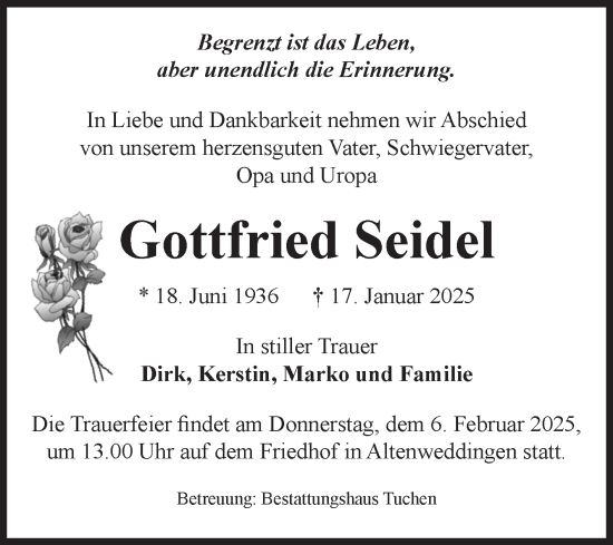 Traueranzeige von Gottfried Seidel von Volksstimme Schönebeck