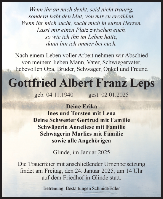 Traueranzeige von Gottfried Albert Franz Leps von Volksstimme Schönebeck