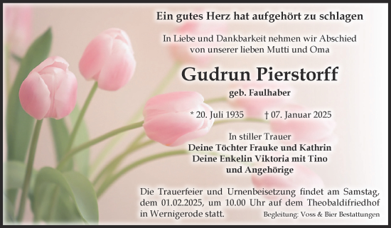 Traueranzeige von Gudrun Pierstorff von Volksstimme Wernigerode