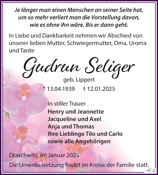 Traueranzeige von Gudrun Seliger von Trauerkombi Zeitz