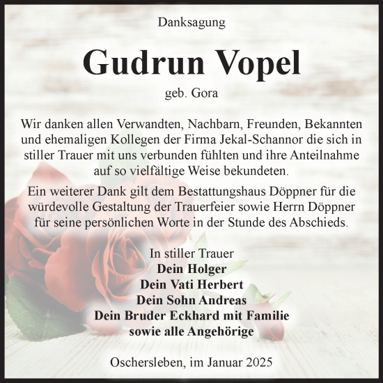Traueranzeige von Gudrun Vopel von Volksstimme Oschersleben/Wanzleben