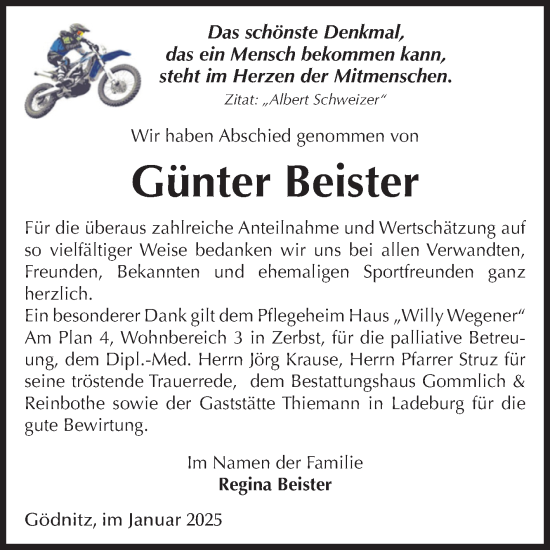 Traueranzeige von Günter Beister von Volksstimme Zerbst