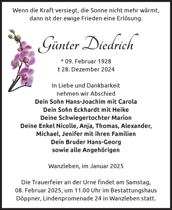 Traueranzeige von Günter Diedrich von Volksstimme Oschersleben/Wanzleben