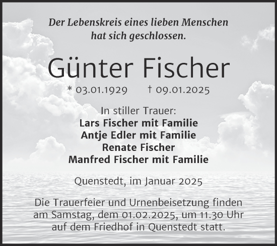 Traueranzeige von Günter Fischer von Trauerkombi Mansfelder Land