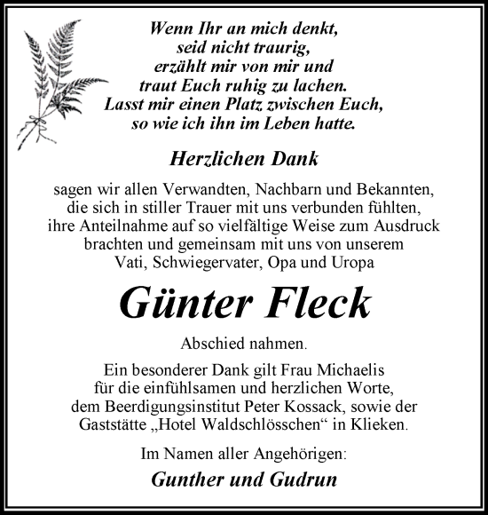 Traueranzeige von Günter Fleck von Trauerkombi Dessau