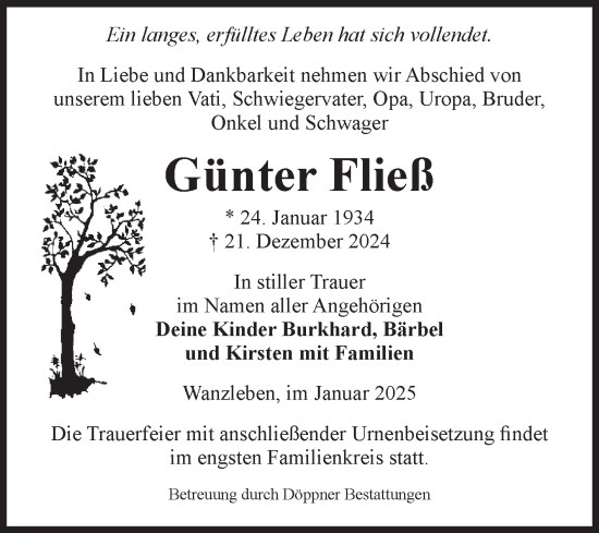 Traueranzeige von Günter Fließ von Volksstimme Oschersleben/Wanzleben