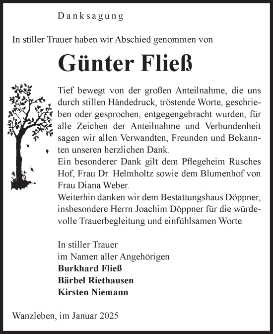 Traueranzeige von Günter Fließ von Volksstimme Oschersleben/Wanzleben