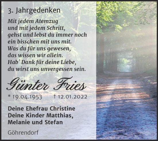 Traueranzeige von Günter Fries von Trauerkombi Merseburg