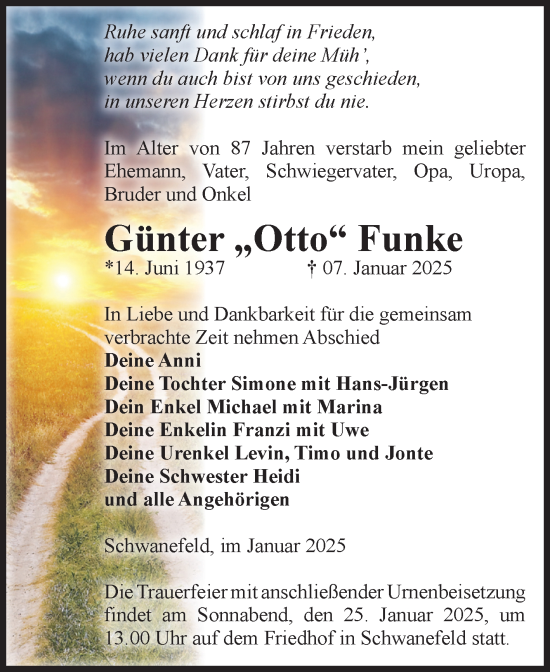 Traueranzeige von Günter Funke von Volksstimme Haldensleben/Wolmirstedt