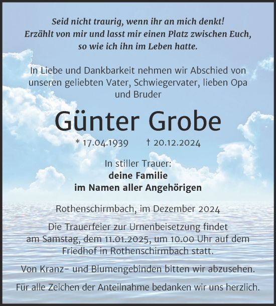 Traueranzeige von Günter Grobe von Trauerkombi Mansfelder Land