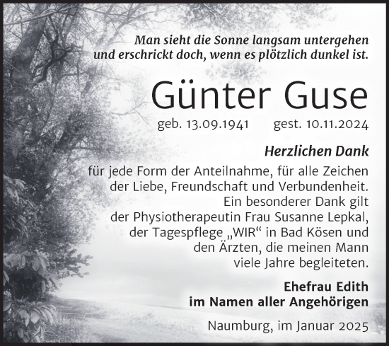 Traueranzeige von Günter Guse von Super Sonntag Naumburg/Nebra