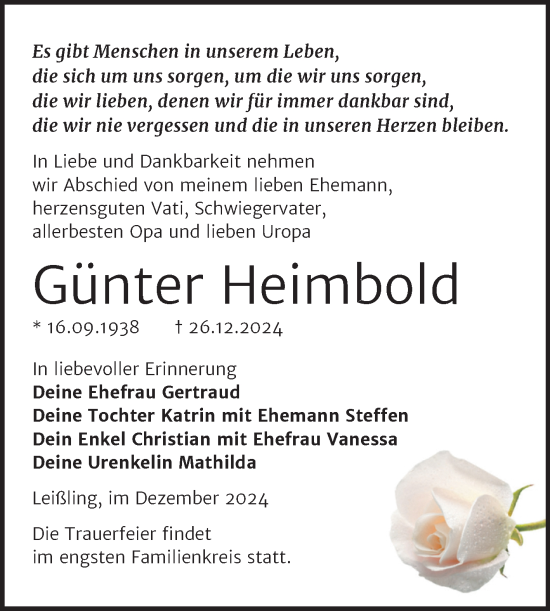 Traueranzeige von Günter Heimbold von Trauerkombi Weißenfels