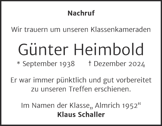 Traueranzeige von Günter Heimbold von Trauerkombi Weißenfels