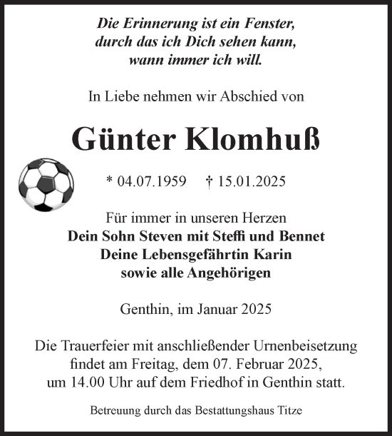Traueranzeige von Günter Klomhuß von Volksstimme Burg/Genthin