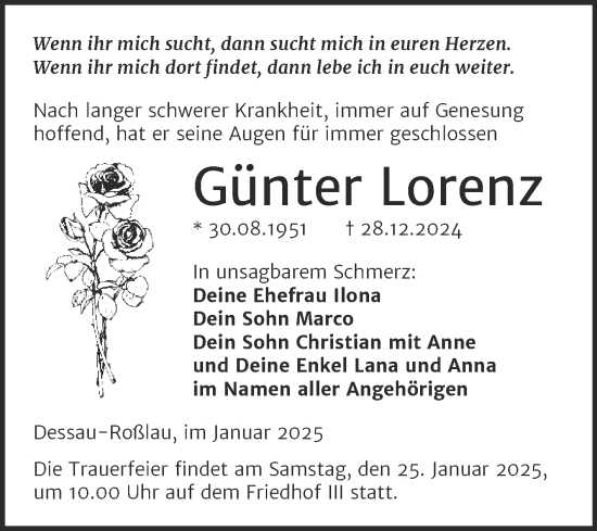 Traueranzeige von Günter Lorenz von Trauerkombi Dessau