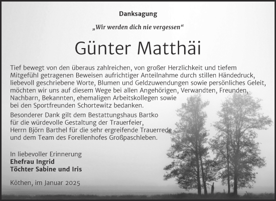 Traueranzeige von Günter Matthäi von Trauerkombi Köthen