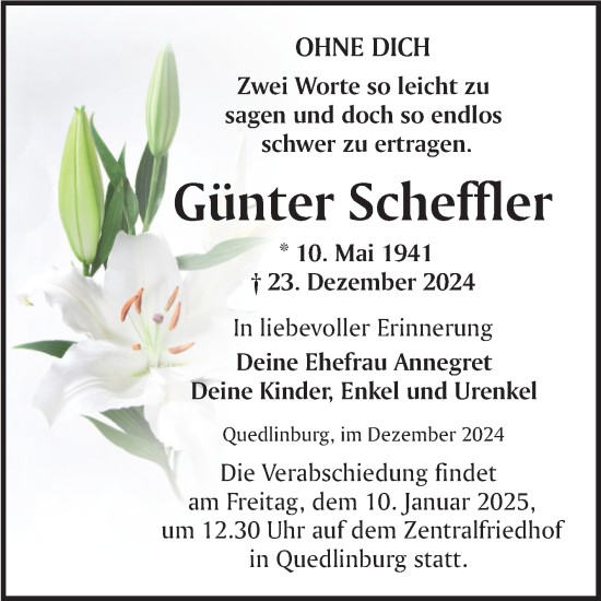 Traueranzeige von Günter Scheffler von Trauerkombi Quedlinburg