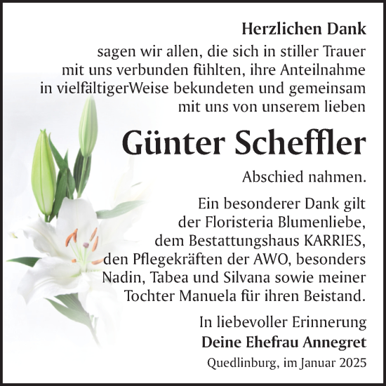Traueranzeige von Günter Scheffler von Trauerkombi Quedlinburg