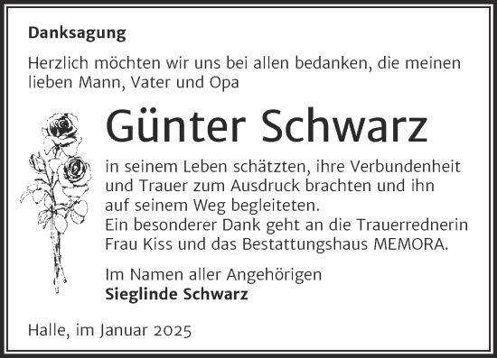 Traueranzeige von Günter Schwarz von Mitteldeutsche Zeitung Halle/Saalkreis