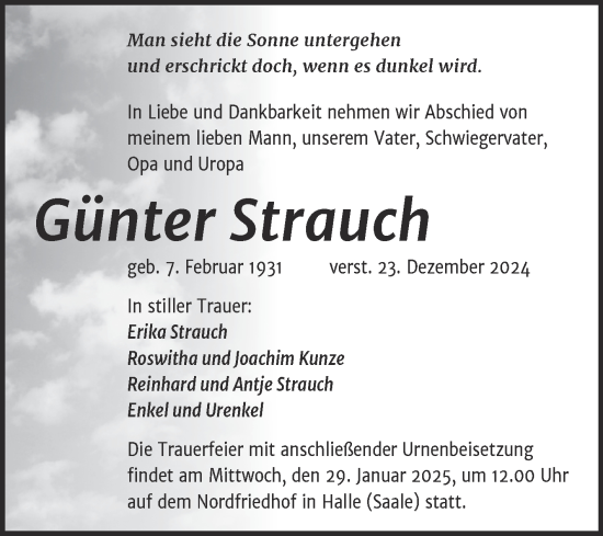 Traueranzeige von Günter Strauch von Mitteldeutsche Zeitung Halle/Saalkreis