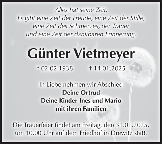 Traueranzeige von Günter Vietmeyer von Volksstimme Burg/Genthin