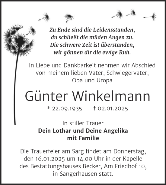 Traueranzeige von Günter Winkelmann von Trauerkombi Sangerhausen