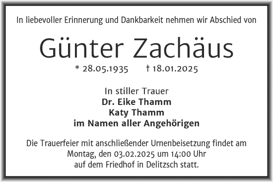Traueranzeige von Günter Zachäus von Mitteldeutsche Zeitung Bitterfeld