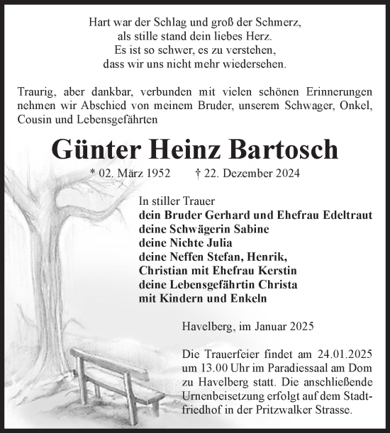 Traueranzeige von Günter Heinz Bartosch von Volksstimme Altmark Ost