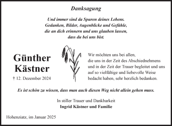 Traueranzeige von Günther Kästner von Volksstimme Burg/Genthin
