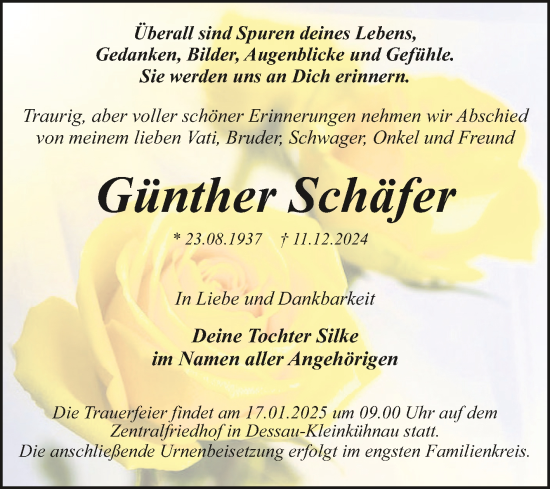 Traueranzeige von Günther Schäfer von Trauerkombi Dessau