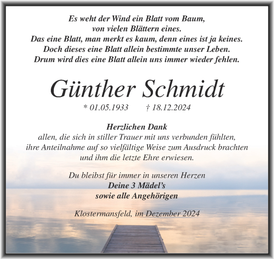 Traueranzeige von Günther Schmidt von Trauerkombi Mansfelder Land