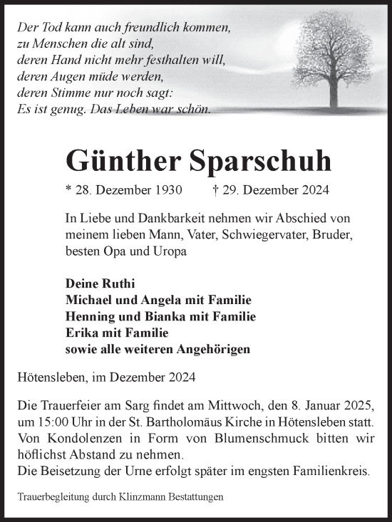 Traueranzeige von Günther Sparschuh von Volksstimme Oschersleben/Wanzleben