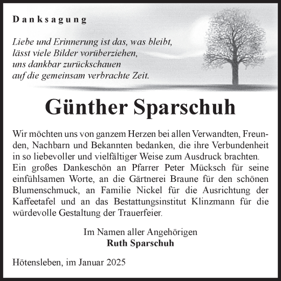 Traueranzeige von Günther Sparschuh von Volksstimme Oschersleben/Wanzleben