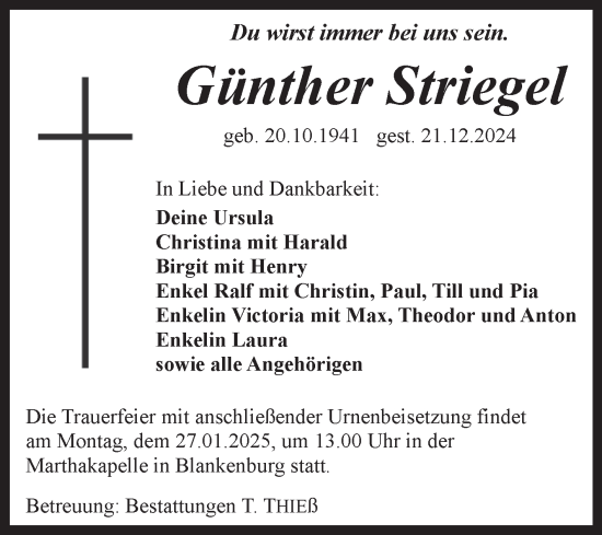 Traueranzeige von Günther Striegel von Volksstimme Wernigerode