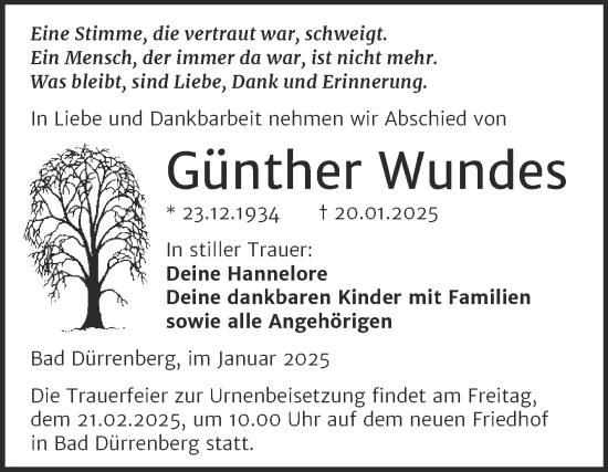 Traueranzeige von Günther Wundes von Trauerkombi Merseburg