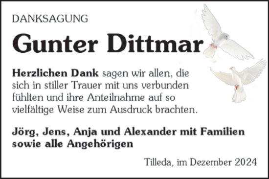 Traueranzeige von Gunter Dittmar von Trauerkombi Sangerhausen