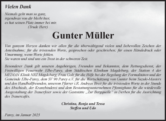 Traueranzeige von Gunter Müller von Volksstimme Burg/Genthin