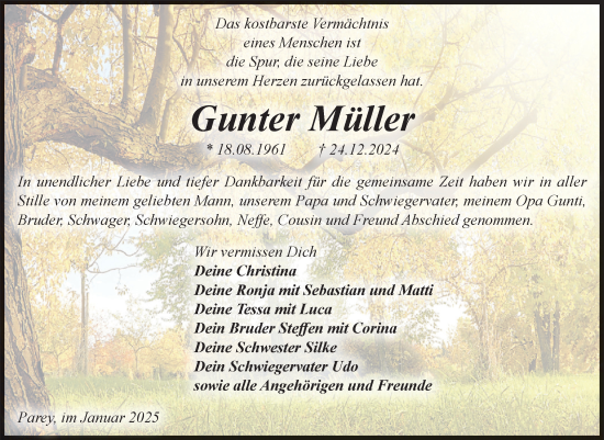 Traueranzeige von Gunter Müller von Volksstimme Burg/Genthin