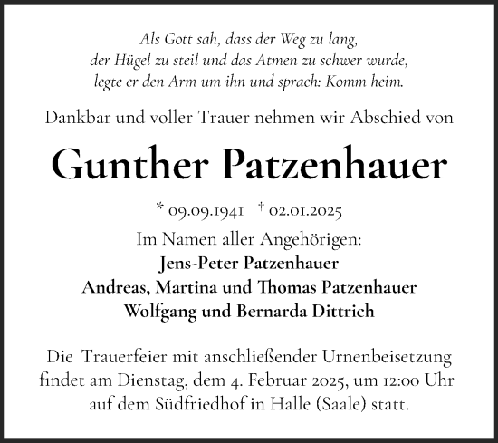 Traueranzeige von Gunther Patzenhauer von Mitteldeutsche Zeitung Halle/Saalkreis