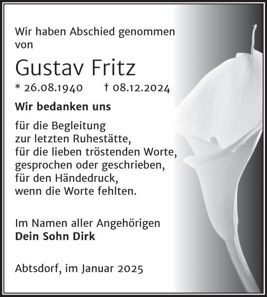Traueranzeige von Gustav Fritz von Trauerkombi Wittenberg